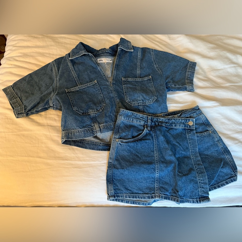 Zara Wrap denim skort & cropped denim shirt
